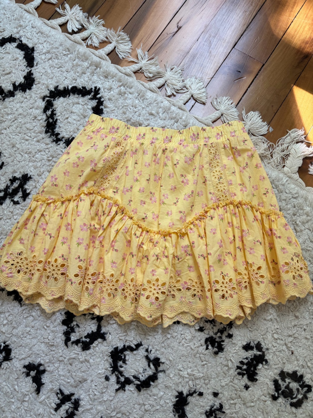 Aeropostale Yellow Mini Skirt with Pink Floral Eyelet Trim
